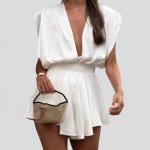 Elegant Side Hollow Bodycon Evening Dress Women White Deep V-neck Sleeveless Breathable Wool Mini Dress Club Party