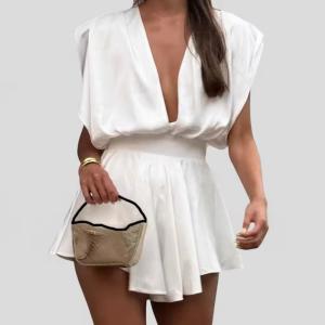 Elegant Side Hollow Bodycon Evening Dress Women White Deep V-neck Sleeveless Breathable Wool Mini Dress Club Party