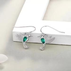 Vintage Hummingbird Earrings with Green Crystal Luxury Silver Plated Bird Earrings for Women Jewelry
