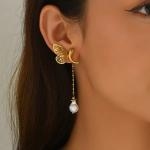 Women's Luxury Elegant Vintage Gold-plated Stainless Steel Diamond Earrings with Butterfly Tassels Pearl Pendant for Anniversary