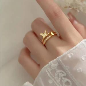 Vintage Stainless Steel 18K Gold Plated Butterfly Cubic Zircon Two-layer Rhinestones Women Fashion Jewelry Rings