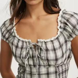 Summer Casual Plaid Mini Dress Women Square Neck Short Sleeve Regular Fit Breathable A-Line Comfortable Streetwear
