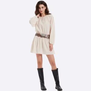Wholesale Women's Clothing Dress Bohemian Long Sleeve Bubble Sleeve Neckline Drawstring Dress