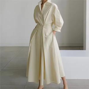 Fashion Dress Stand Collar Lining Long Sleeve Elastic Waist Button